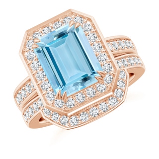 10x8mm AAAA Emerald Cut Aquamarine Bridal Ring Set with Diamond Band in Rose Gold