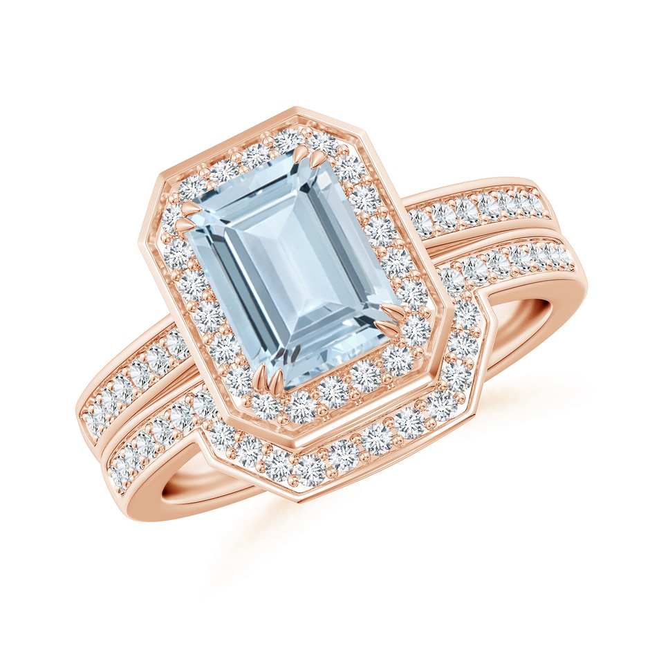 8x6mm A Emerald Cut Aquamarine Bridal Ring Set with Diamond Ring in Rose Gold 