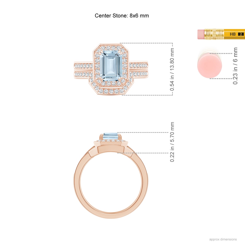8x6mm A Emerald Cut Aquamarine Bridal Ring Set with Diamond Ring in Rose Gold ruler