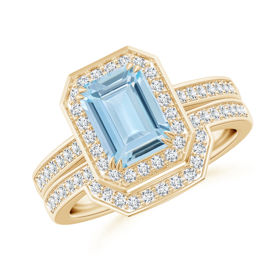 8x6mm AA Emerald Cut Aquamarine Bridal Ring Set with Diamond Ring in Yellow Gold 