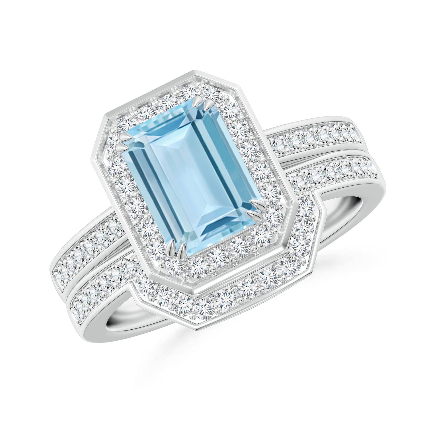 8x6mm AAA Emerald Cut Aquamarine Bridal Ring Set with Diamond Ring in 18K White Gold