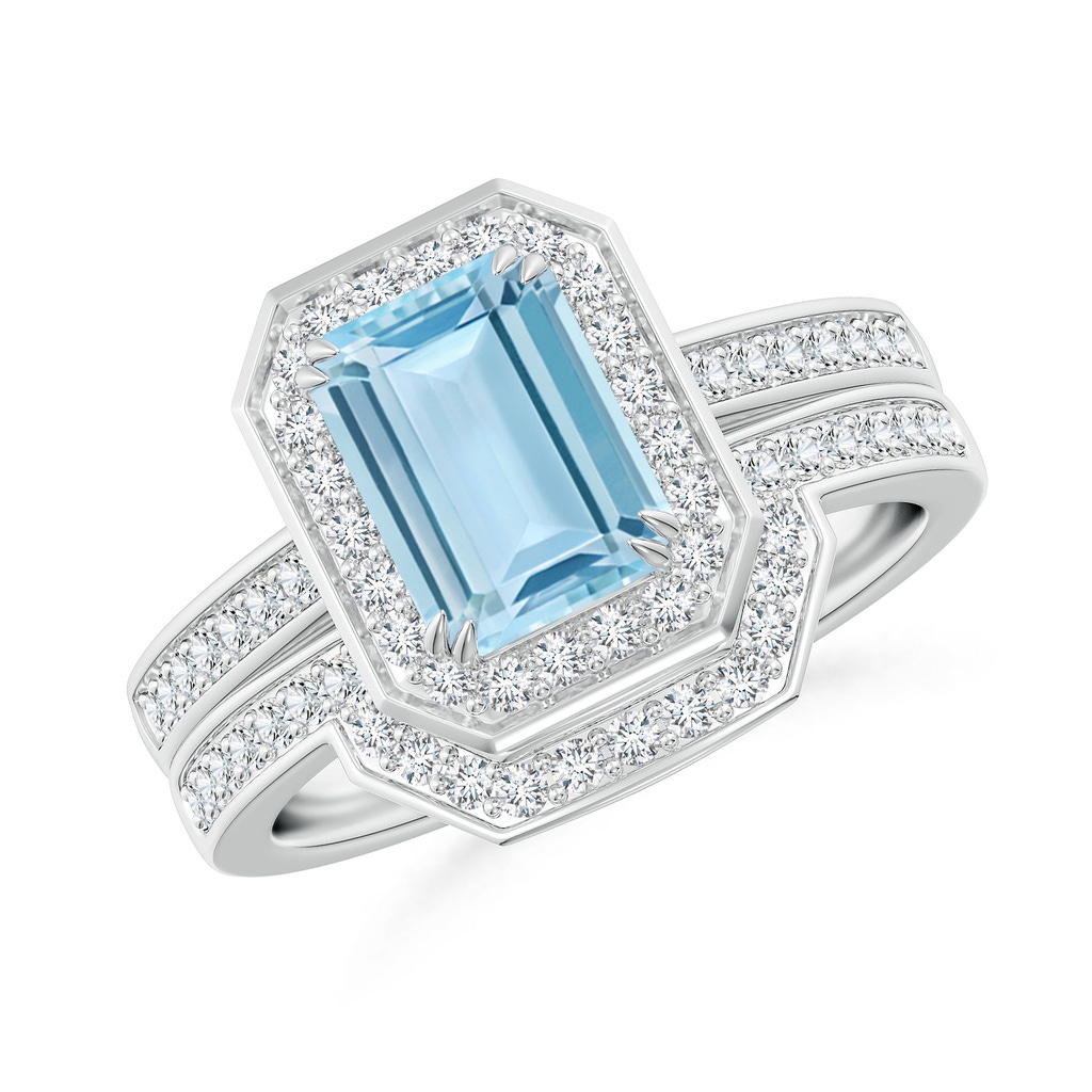 8x6mm AAA Emerald Cut Aquamarine Bridal Ring Set with Diamond Band in White Gold