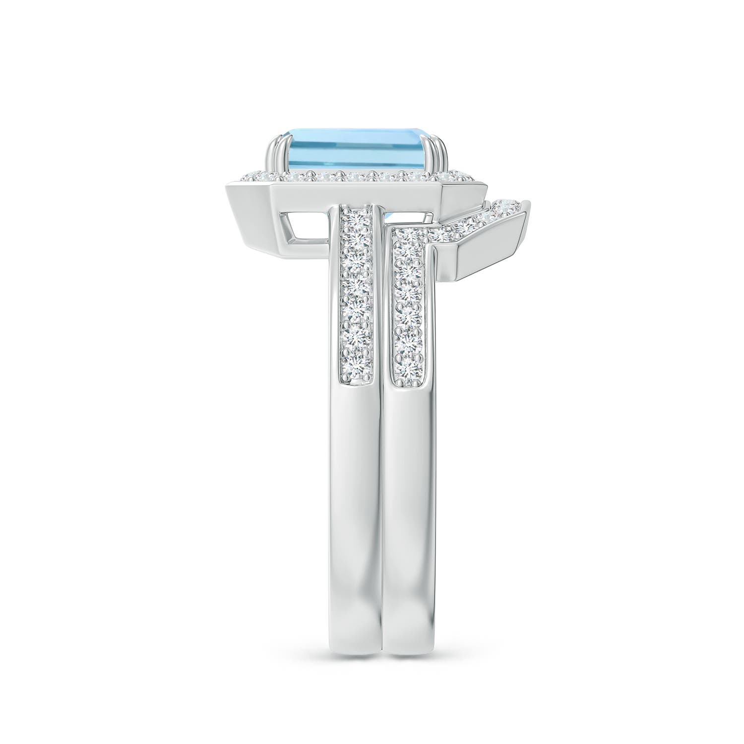 8x6mm AAA Emerald Cut Aquamarine Bridal Ring Set with Diamond Ring in White Gold - side 3