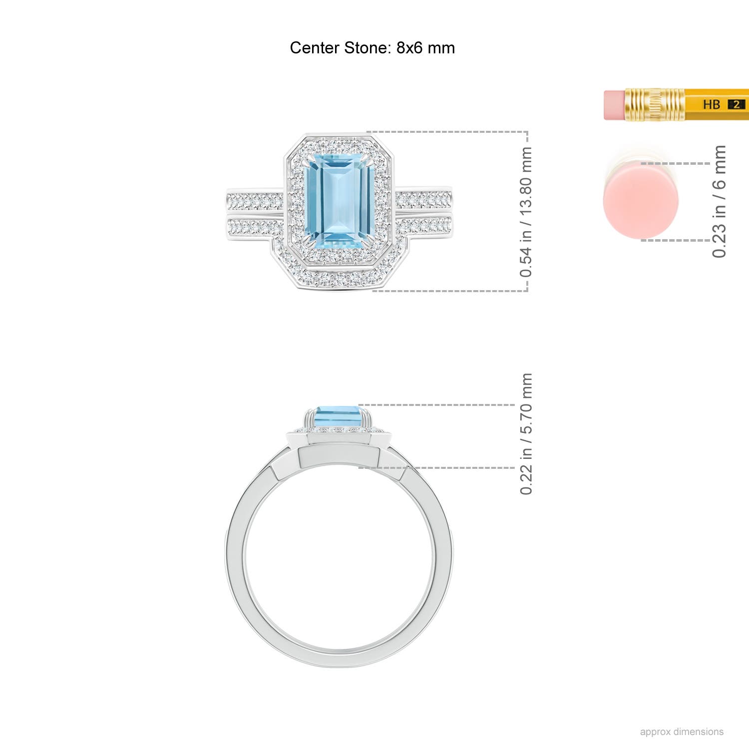 8x6mm AAA Emerald Cut Aquamarine Bridal Ring Set with Diamond Ring in White Gold - ruler