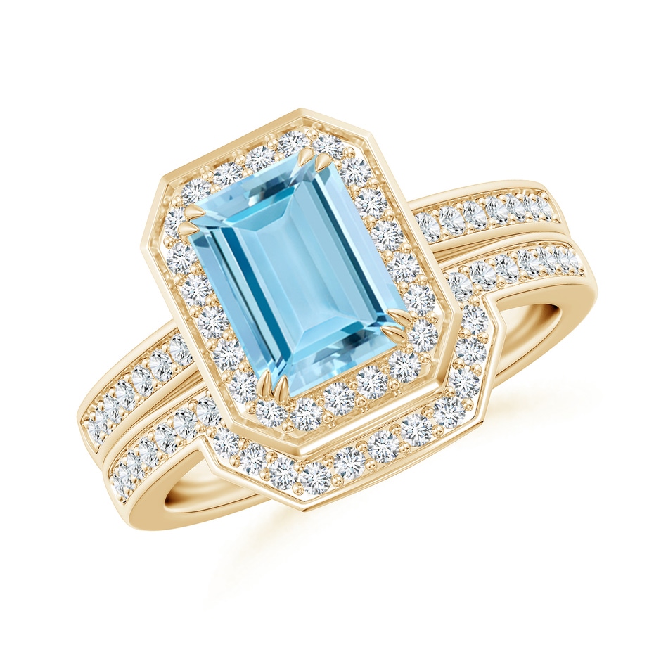 8x6mm AAAA Emerald Cut Aquamarine Bridal Ring Set with Diamond Ring in Yellow Gold 
