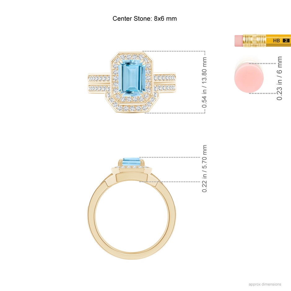 8x6mm AAAA Emerald Cut Aquamarine Bridal Ring Set with Diamond Ring in Yellow Gold ruler
