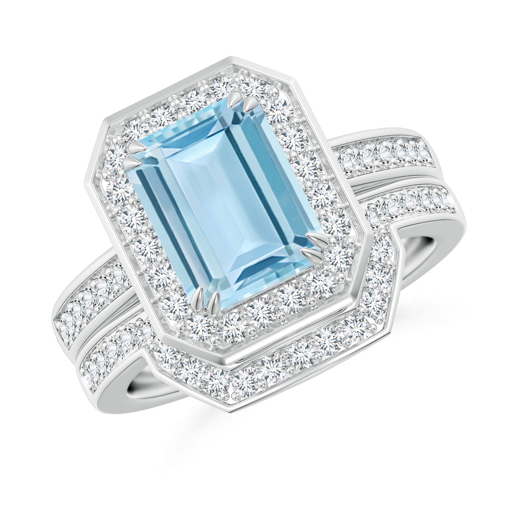 9x7mm AAA Emerald Cut Aquamarine Bridal Ring Set with Diamond Band in White Gold