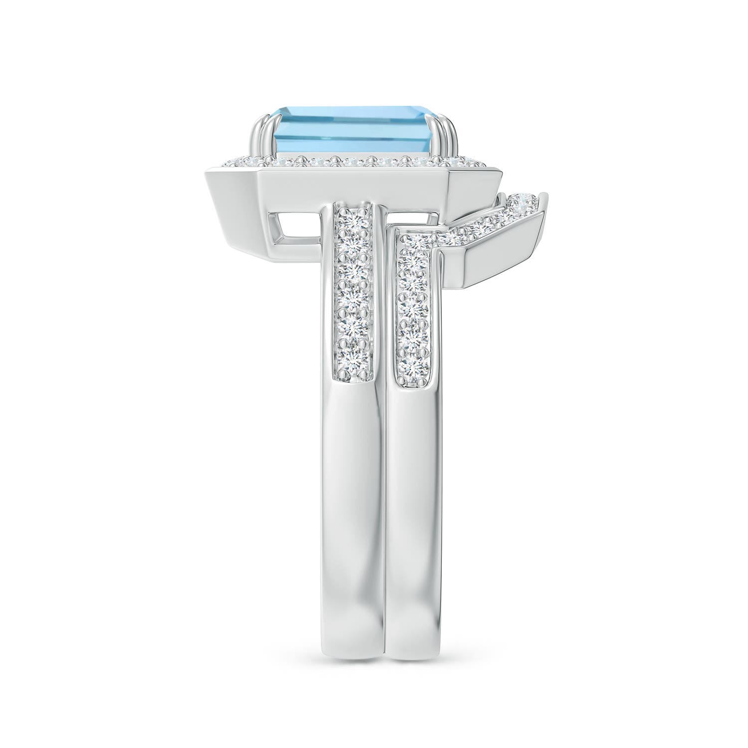9x7mm AAA Emerald Cut Aquamarine Bridal Ring Set with Diamond Ring in White Gold - side 3