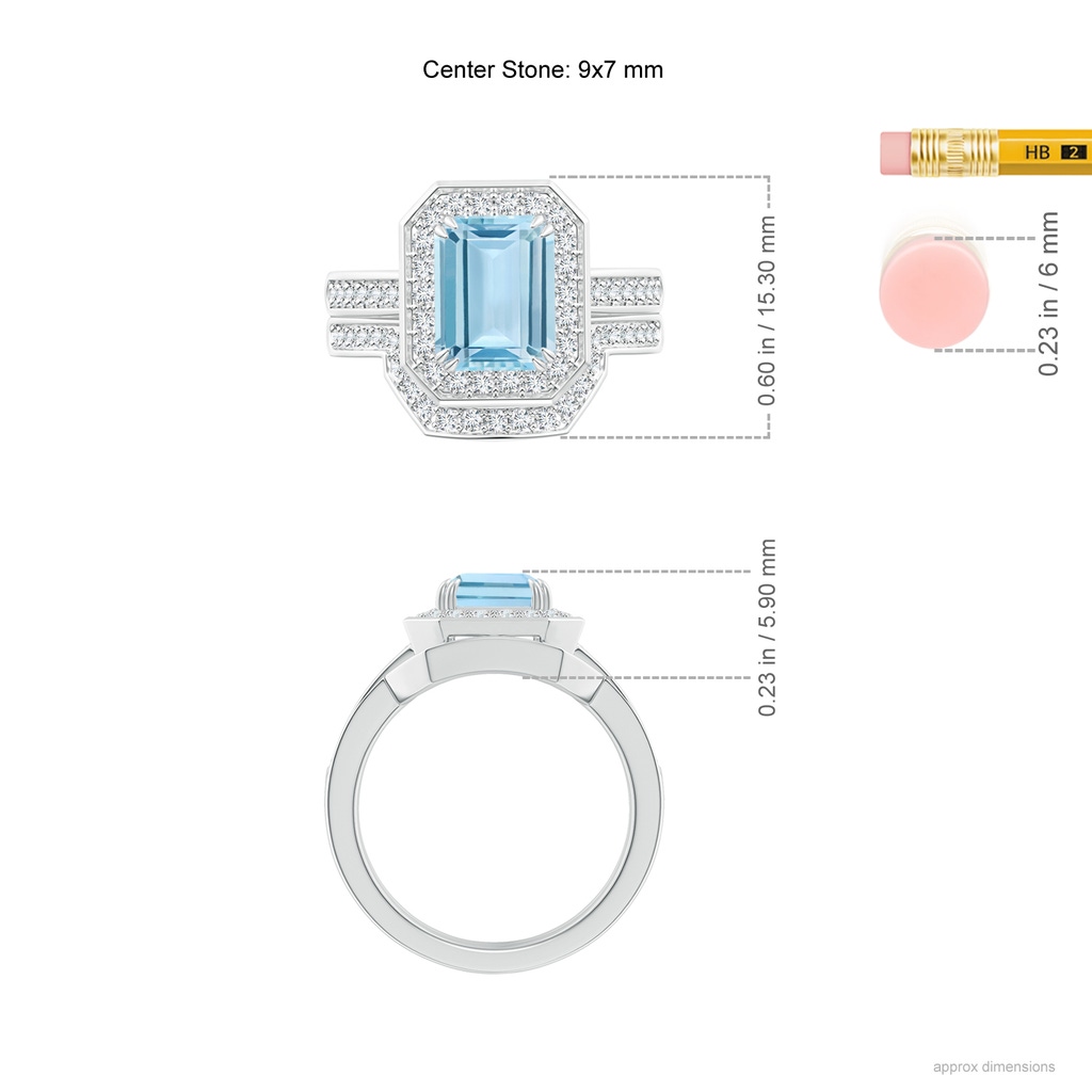 9x7mm AAA Emerald Cut Aquamarine Bridal Ring Set with Diamond Band in White Gold Ruler