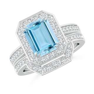 9x7mm AAAA Emerald Cut Aquamarine Bridal Ring Set with Diamond Band in P950 Platinum