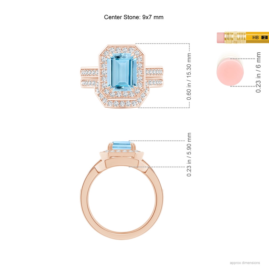 9x7mm AAAA Emerald Cut Aquamarine Bridal Ring Set with Diamond Ring in Rose Gold ruler