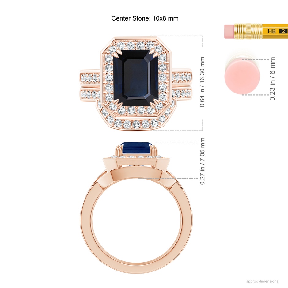 10x8mm A Emerald-Cut Sapphire Bridal Set with Diamond Accents in Rose Gold ruler