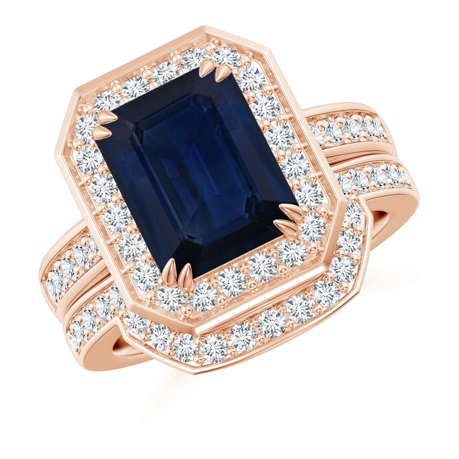 10x8mm AA Emerald-Cut Sapphire Bridal Set with Diamond Accents in Rose Gold 