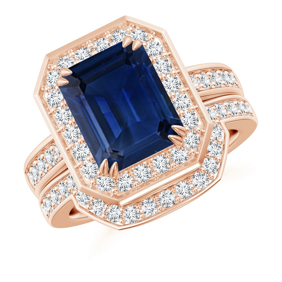 10x8mm AAA Emerald-Cut Sapphire Bridal Set with Diamond Accents in Rose Gold 