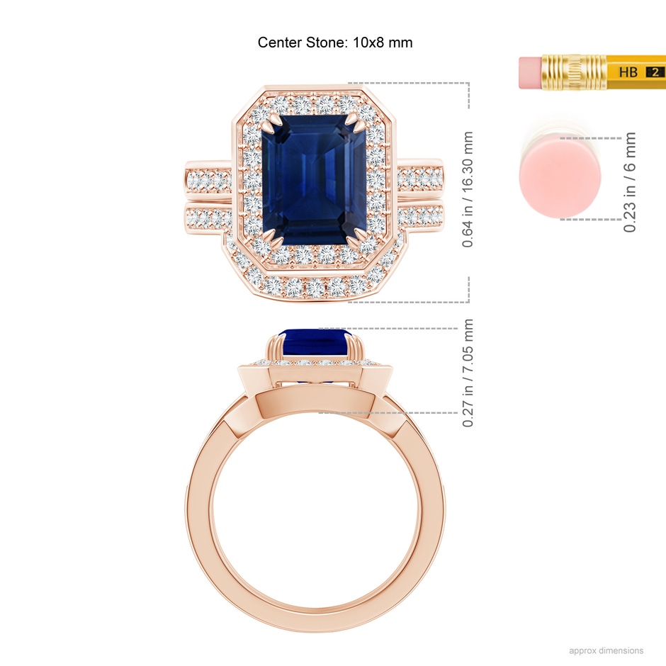 10x8mm AAA Emerald-Cut Sapphire Bridal Set with Diamond Accents in Rose Gold ruler