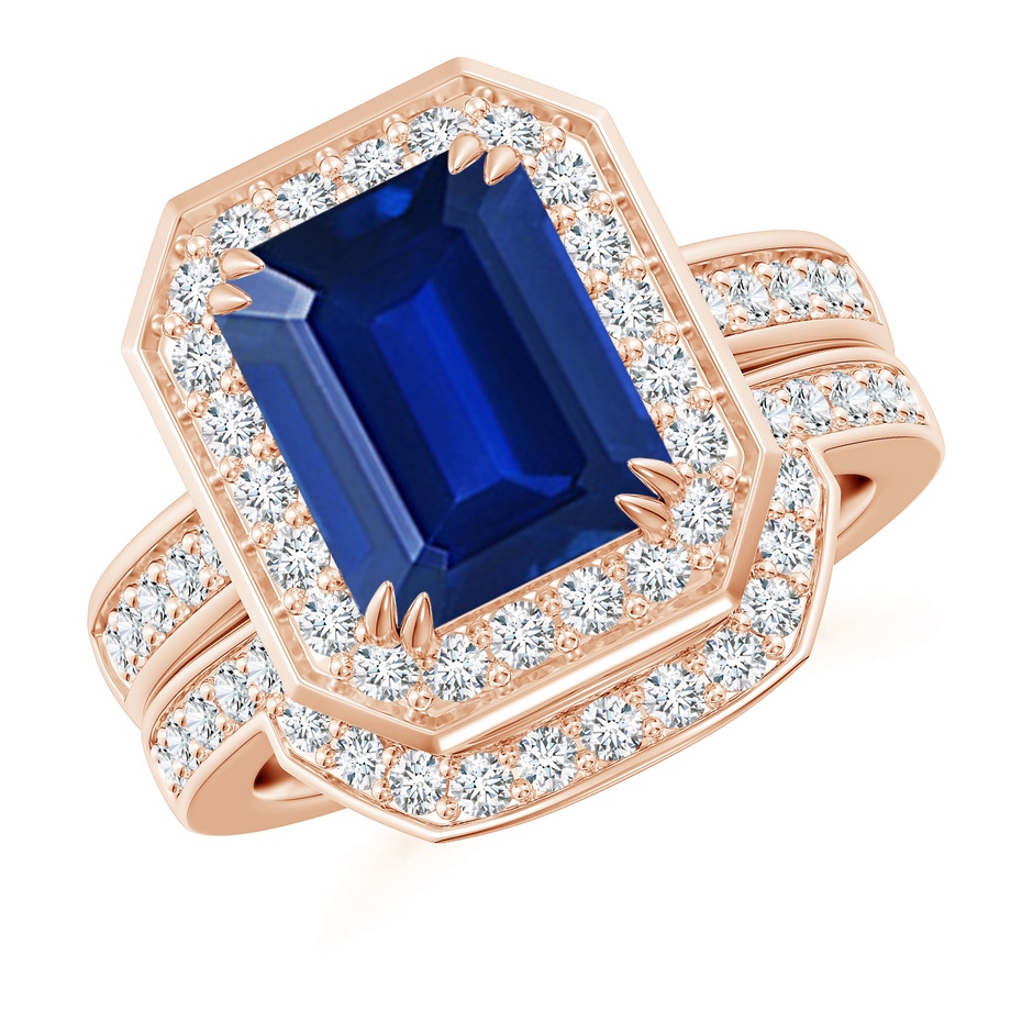 10x8mm AAAA Emerald-Cut Sapphire Bridal Set with Diamond Accents in Rose Gold 