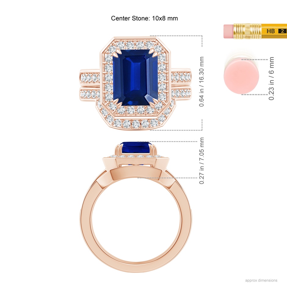 10x8mm AAAA Emerald-Cut Sapphire Bridal Set with Diamond Accents in Rose Gold ruler