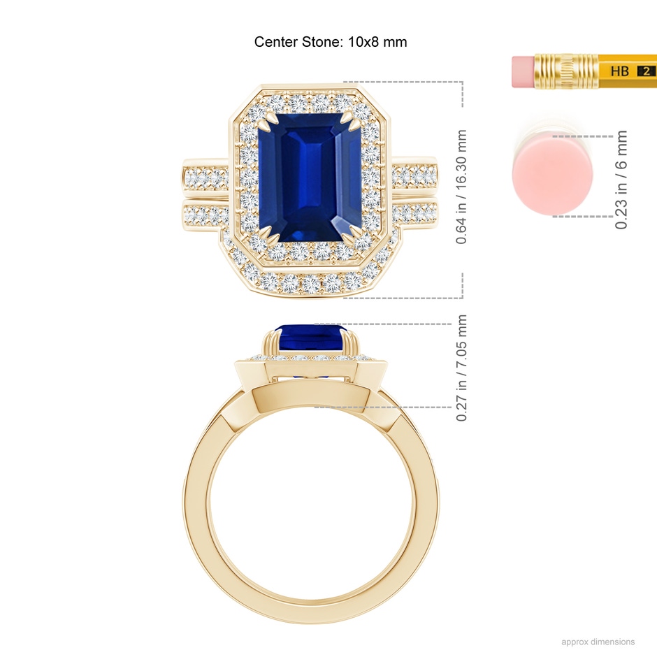 10x8mm AAAA Emerald-Cut Sapphire Bridal Set with Diamond Accents in Yellow Gold ruler