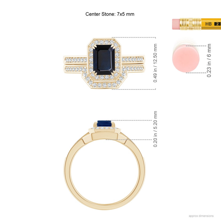 7x5mm A Emerald-Cut Sapphire Bridal Set with Diamond Accents in Yellow Gold ruler