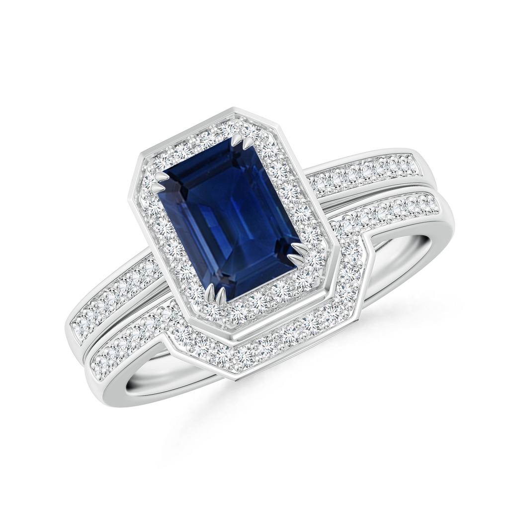 7x5mm AAA Emerald-Cut Sapphire Bridal Set with Diamond Accents in 18K White Gold