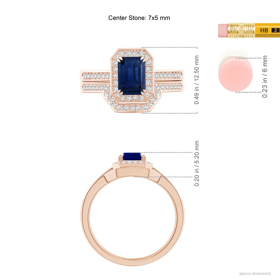 7x5mm AAA Emerald-Cut Sapphire Bridal Set with Diamond Accents in Rose Gold ruler