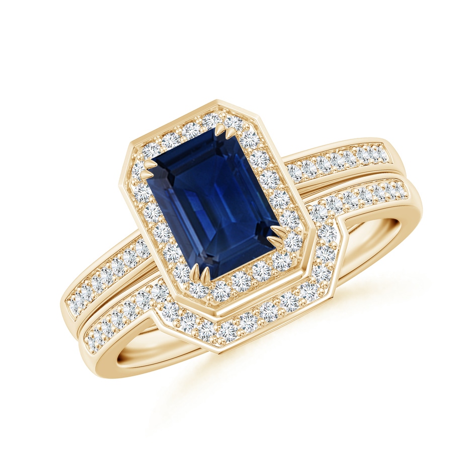 7x5mm AAA Emerald-Cut Sapphire Bridal Set with Diamond Accents in Yellow Gold 