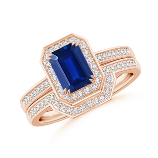 7x5mm AAAA Emerald-Cut Sapphire Bridal Set with Diamond Accents in 18K Rose Gold