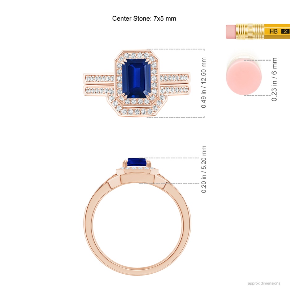 7x5mm AAAA Emerald-Cut Sapphire Bridal Set with Diamond Accents in Rose Gold ruler