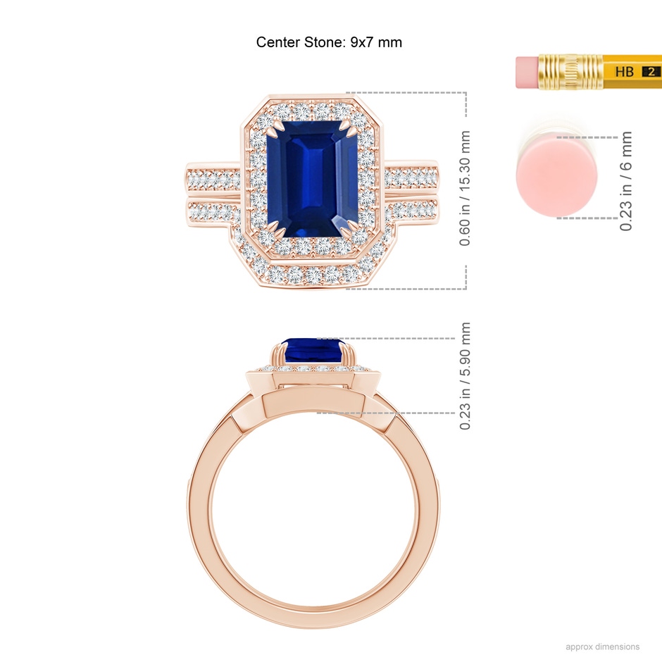 9x7mm AAAA Emerald-Cut Sapphire Bridal Set with Diamond Accents in 18K Rose Gold ruler