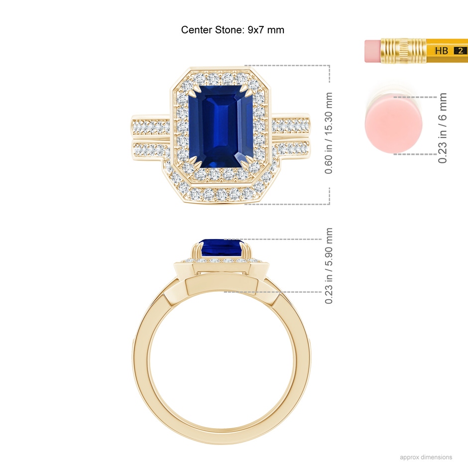 9x7mm AAAA Emerald-Cut Sapphire Bridal Set with Diamond Accents in Yellow Gold ruler