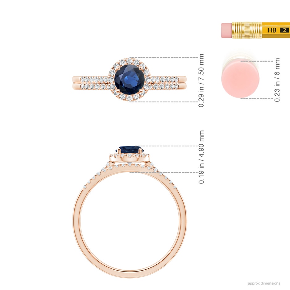 5mm AA Blue Sapphire and Diamond Halo Comfort Fit Bridal Set in Rose Gold ruler