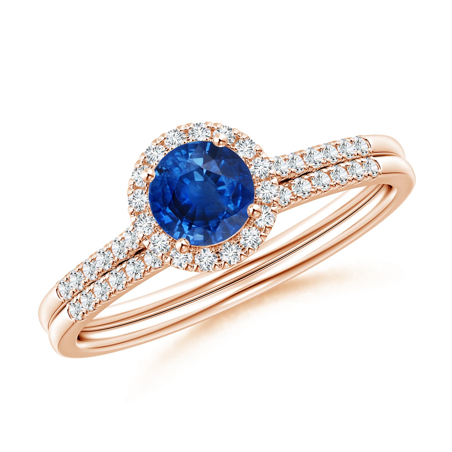 5mm AAA Blue Sapphire and Diamond Halo Comfort Fit Bridal Set in Rose Gold