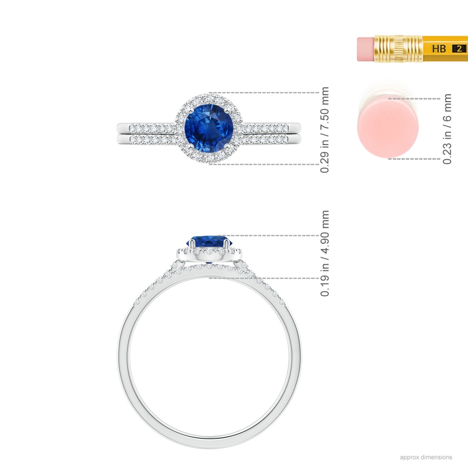 5mm AAA Blue Sapphire and Diamond Halo Comfort Fit Bridal Set in White Gold ruler