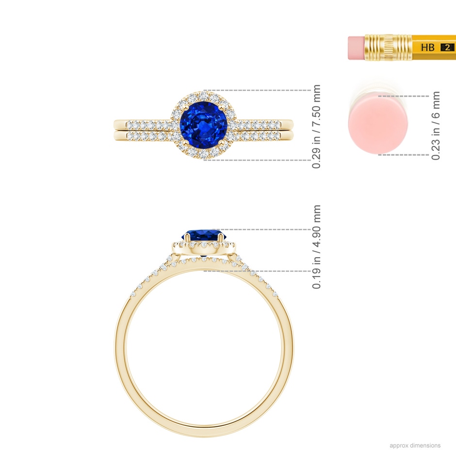 5mm AAAA Blue Sapphire and Diamond Halo Comfort Fit Bridal Set in Yellow Gold ruler