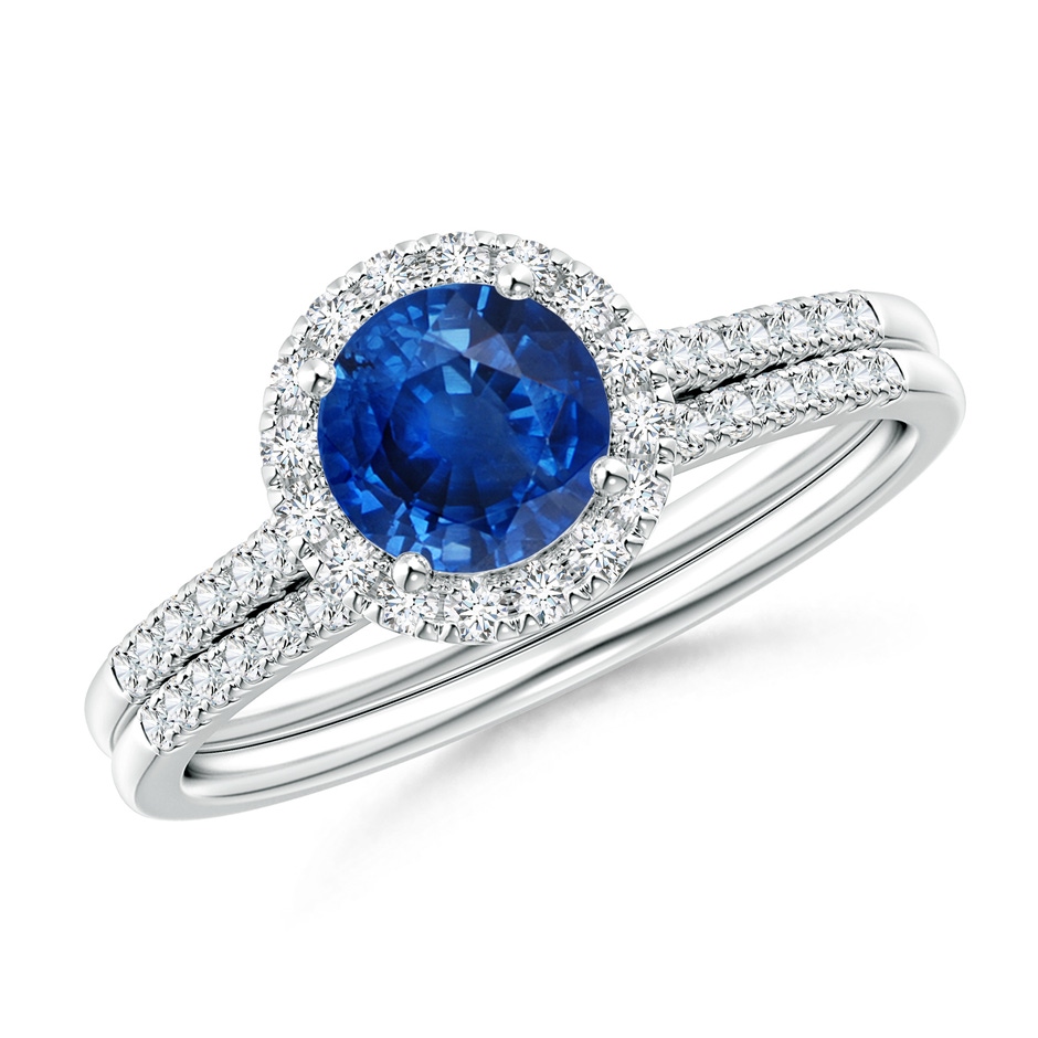 6mm AAA Blue Sapphire and Diamond Halo Comfort Fit Bridal Set in White Gold 