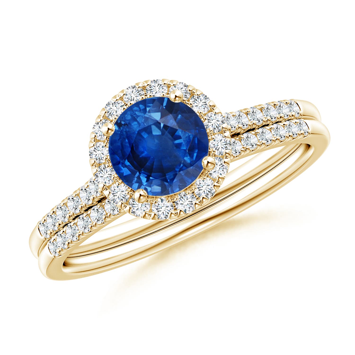 6mm AAA Blue Sapphire and Diamond Halo Comfort Fit Bridal Set in Yellow Gold