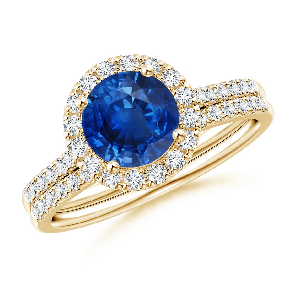 7mm AAA Blue Sapphire and Diamond Halo Comfort Fit Bridal Set in Yellow Gold 