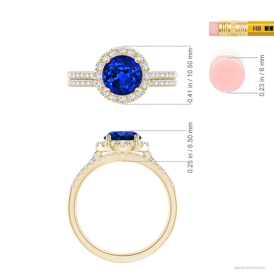 7mm AAAA Blue Sapphire and Diamond Halo Comfort Fit Bridal Set in Yellow Gold ruler