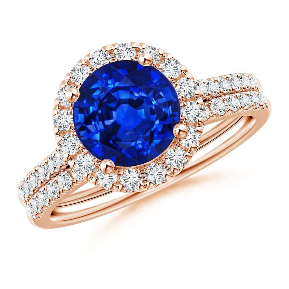 8mm AAAA Blue Sapphire and Diamond Halo Comfort Fit Bridal Set in Rose Gold 