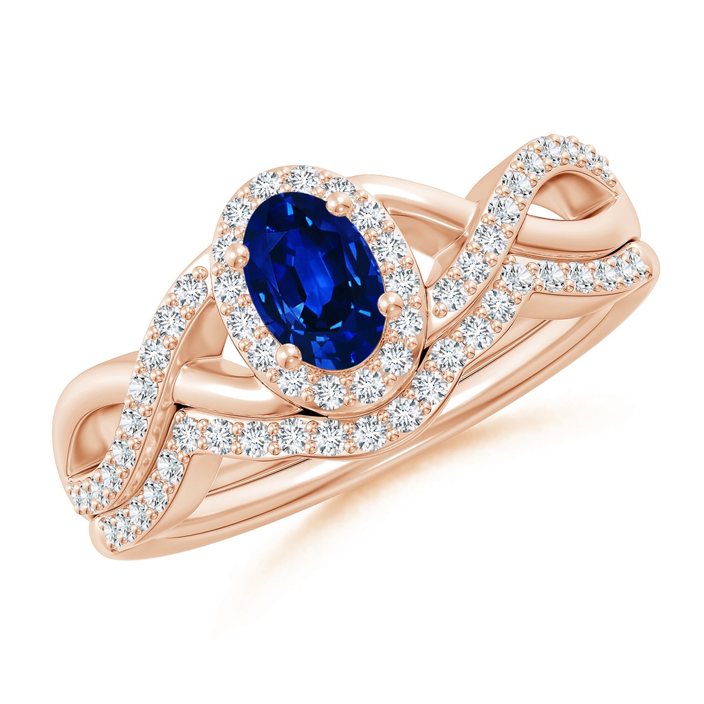 6x4mm AAAA Blue Sapphire and Diamond Crossover Bridal Set in Rose Gold