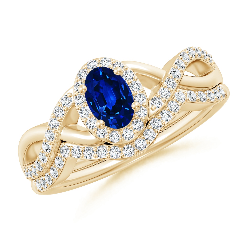 6x4mm AAAA Blue Sapphire and Diamond Crossover Bridal Set in Yellow Gold