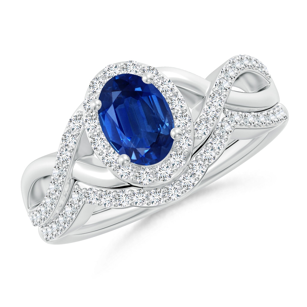 7x5mm AAA Blue Sapphire and Diamond Crossover Bridal Set in White Gold