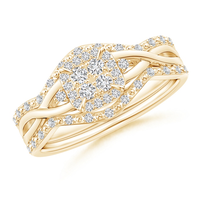 1.8mm HSI2 Interlaced Quad Diamond Cushion Halo Bridal Set in Yellow Gold 