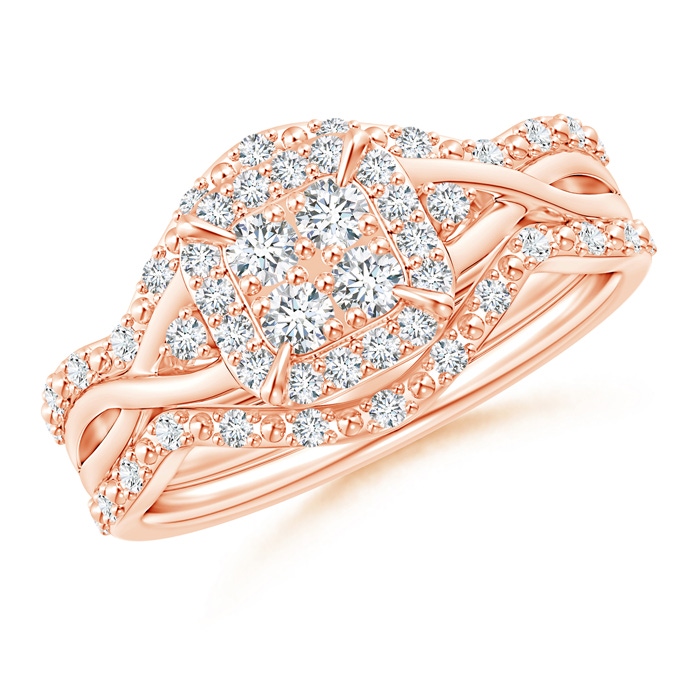 2.2mm GHVS Interlaced Quad Diamond Cushion Halo Bridal Set in 18K Rose Gold 