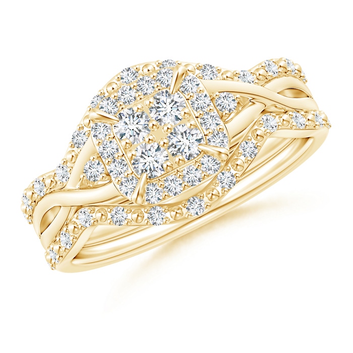 2.2mm GHVS Interlaced Quad Diamond Cushion Halo Bridal Set in 18K Yellow Gold 