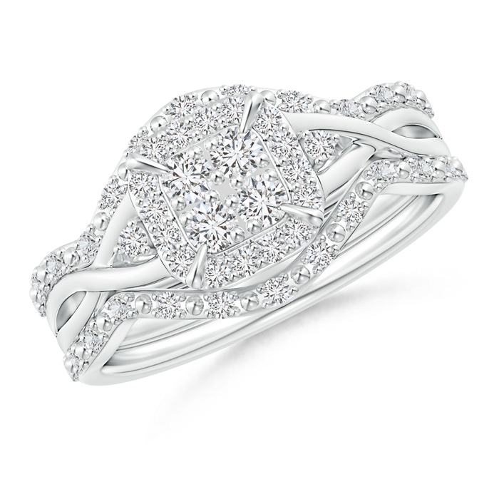 2.2mm HSI2 Interlaced Quad Diamond Cushion Halo Bridal Set in 18K White Gold 