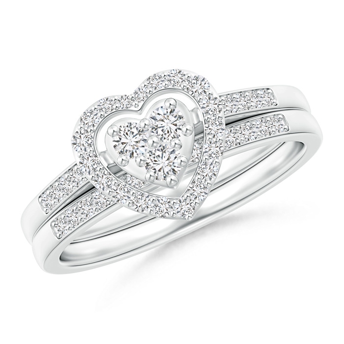 2.4mm HSI2 Floating Trio Diamond Heart Halo Bridal Set in White Gold
