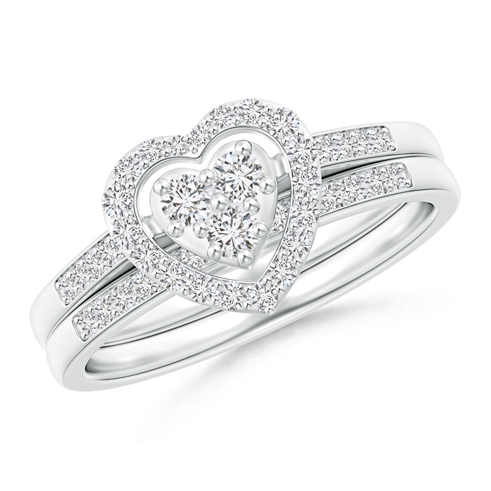 2.4mm HSI2 Floating Trio Diamond Heart Halo Bridal Set in White Gold 