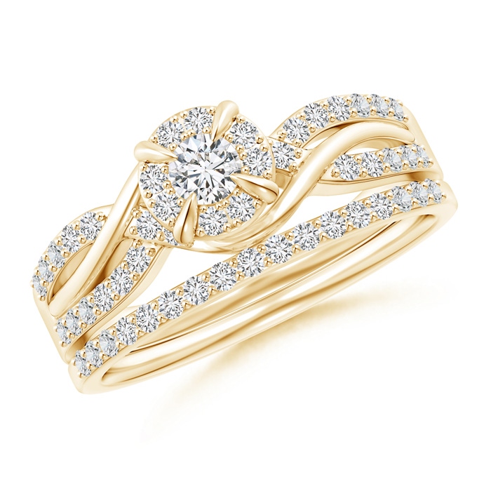 3.2mm HSI2 Interlaced Infinity Diamond Bypass Halo Bridal Set in Yellow Gold 