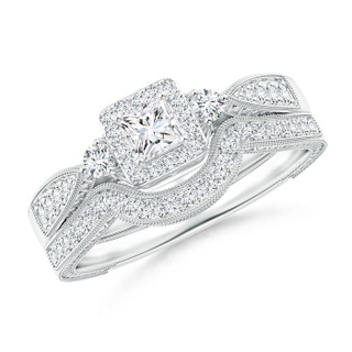 3.2mm GHVS Milgrain Laced Princess-Cut Diamond Halo Bridal Set  in White Gold